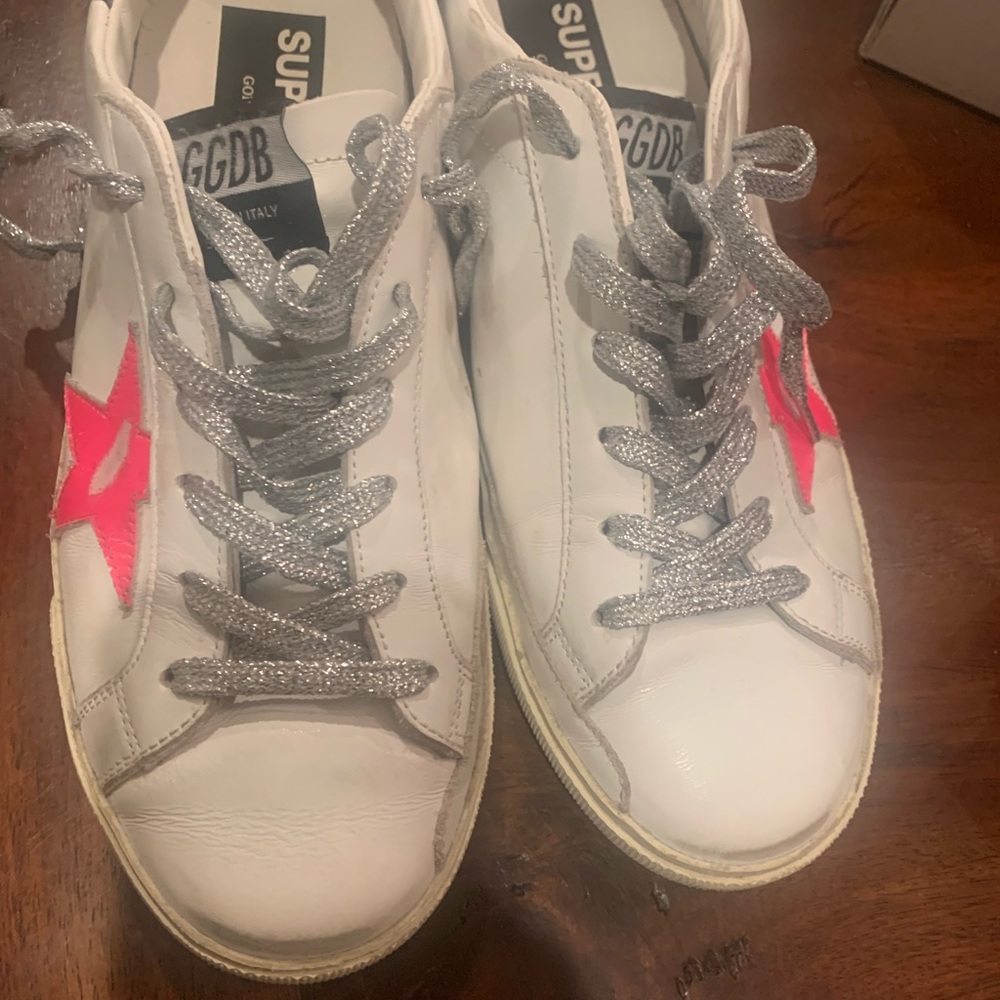 Golden Goose White Sneakers with Neon Pink Star and Silver Laces